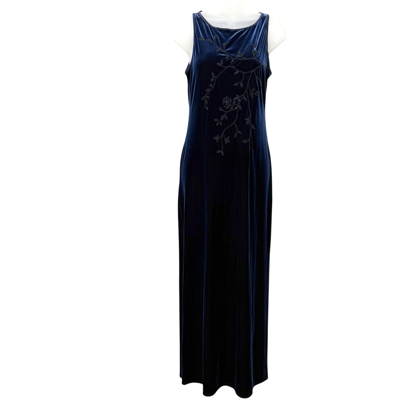 My Michelle Dress Womens 8 Blue Velvet Maxi Sleeveless Beaded Floral Formal USA