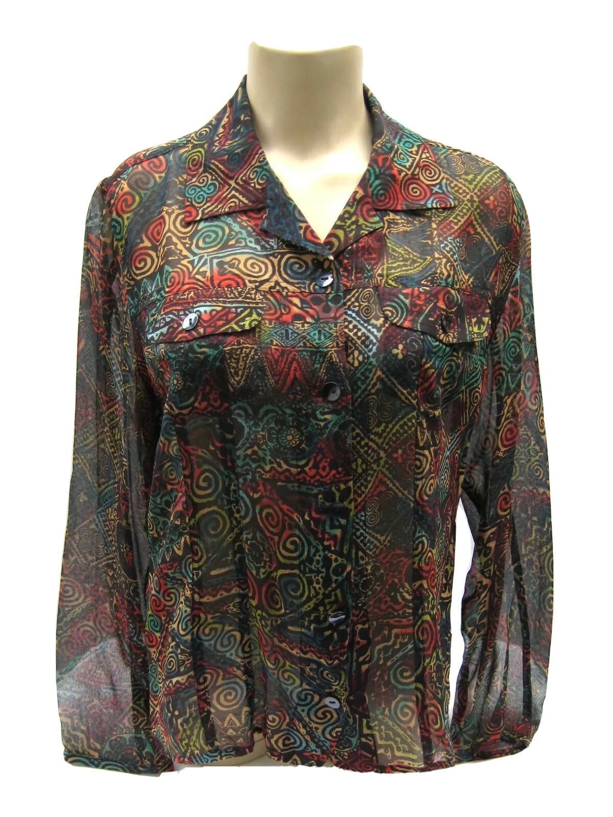 Chicos Womens L/S Silk Button Front Shirt Blouse 1 or 8 Misses Black Multi Color