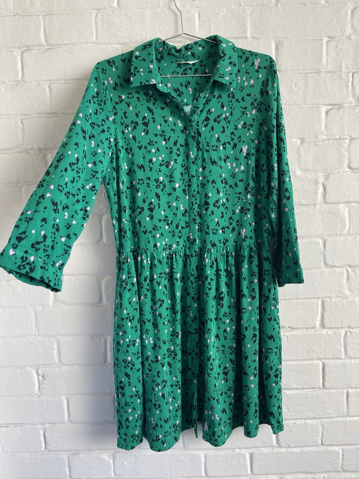 Hush Emanuelle Dress Green Leopard & Love Hearts Print Smock Shirt Dress Uk 10