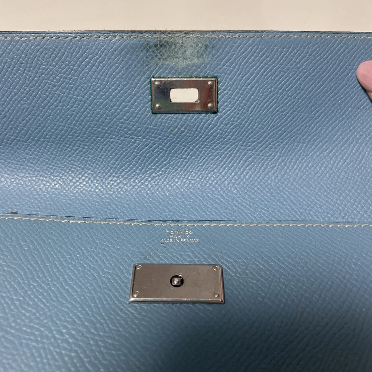 HERMES Paris Kelly Long Wallet Blue Jean Silver Folding Authentic Turn Lock