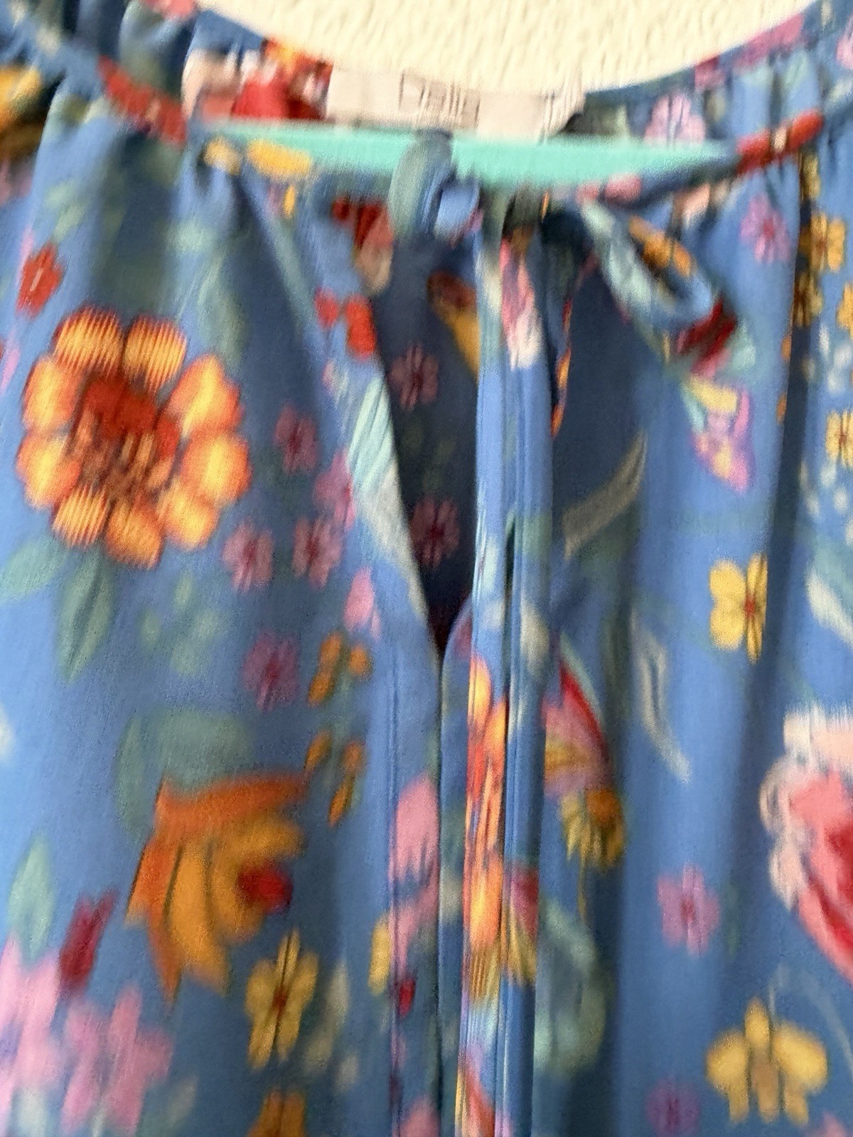 Dalia Women’s Blue Floral Long Sleeve Peasant Blouse Tie Neck Boho Top Size L