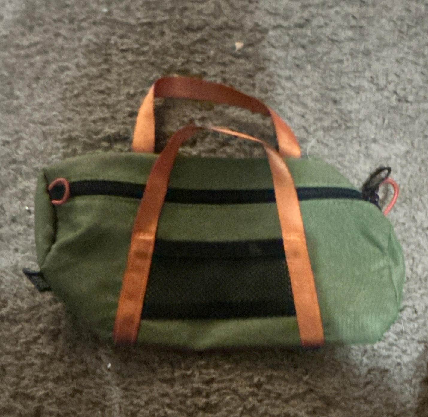 Men’s Green Duffel Bag Brown Leather Top Handles Zip Closure Pockets