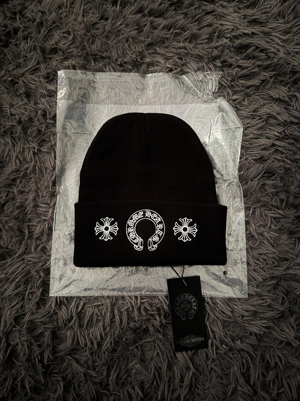 Chrome Hearts Black Beanie Hat One Size Stretch Horseshoe Designer