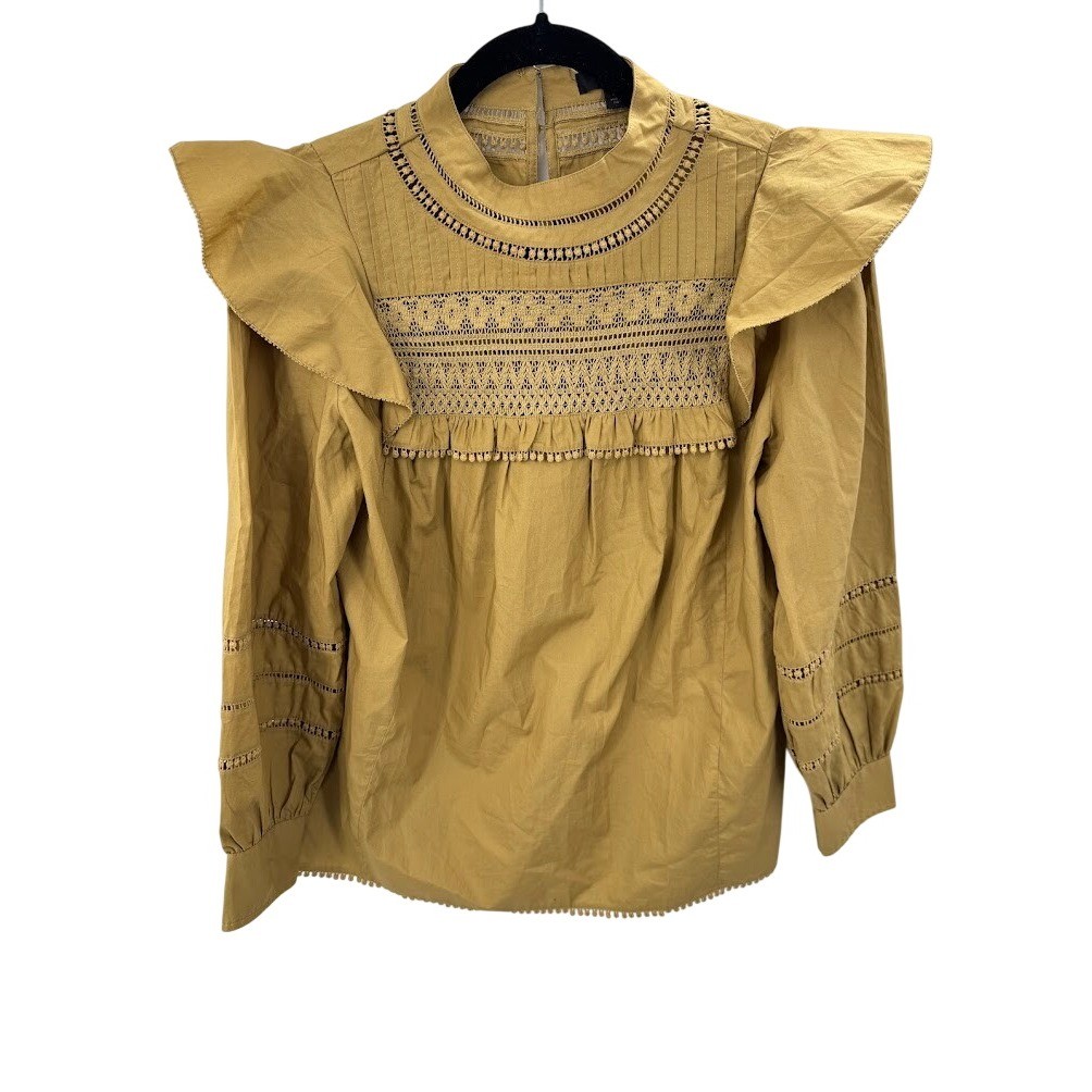J.Crew Ruffle Shoulder Eyelet Lace Blouse Honey Brown Victorian Top XS