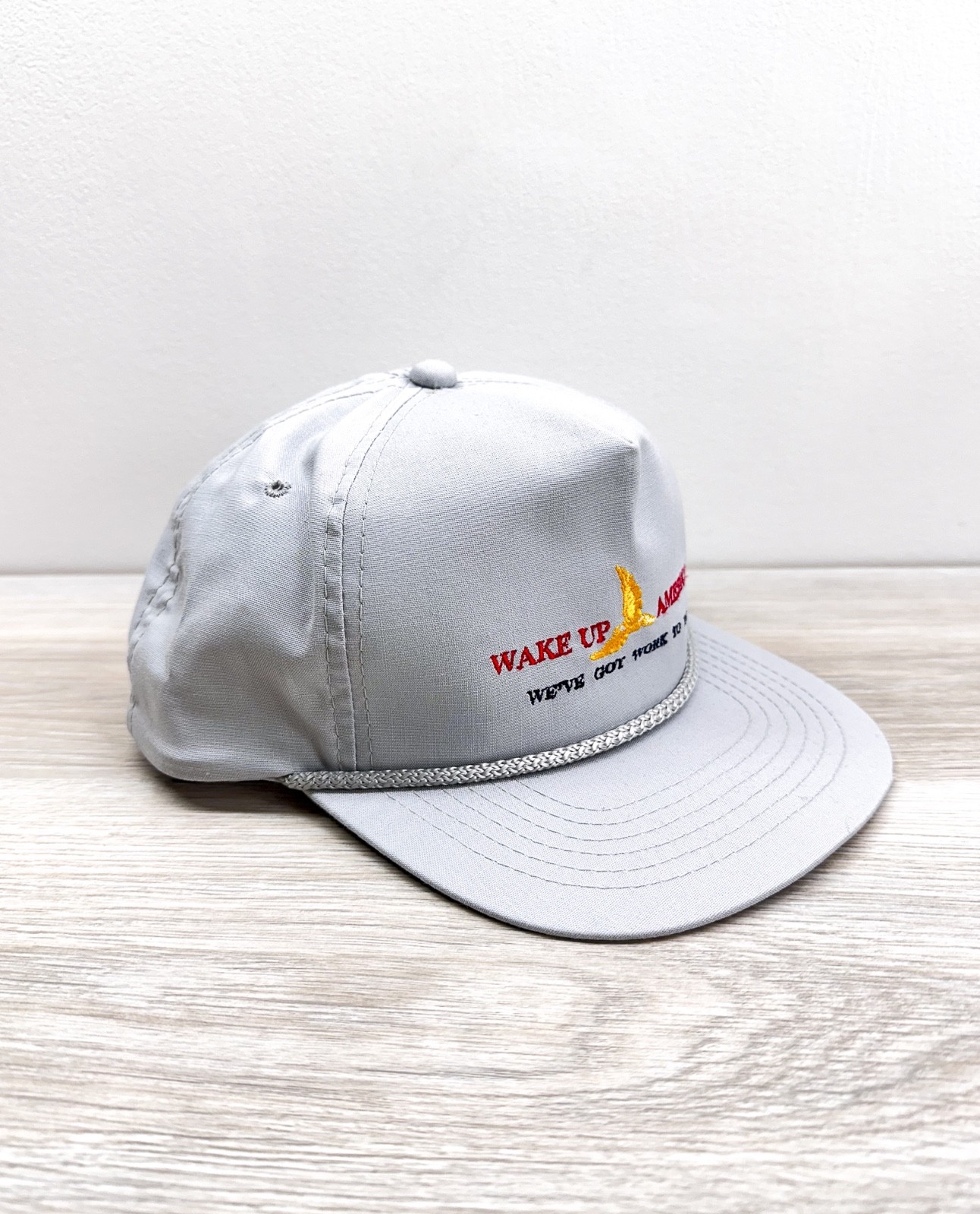 Vintage Wake Up America Snapback Rope Hat NOS Trucker Cap Made in Sri Lanka