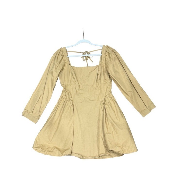 🌟 By Anthropologie Square-Neck Poplin Mini Dress Beige Long Sleeve Size Medium