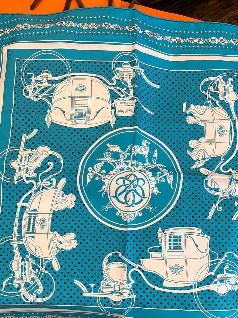 Hermes Silk Scarf Carriage Pattern Blue 55×55 cm Authentic Designer