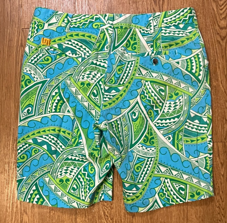 Loudmouth Golf Lounge Lizard Blue Heritage Shorts Mens 36 Retro 80s Style Tribal