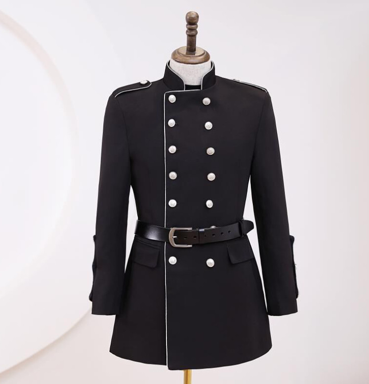 Mens Casual Suit Coat Double-breasted SStand Collar Belt Banquet Dance Costume