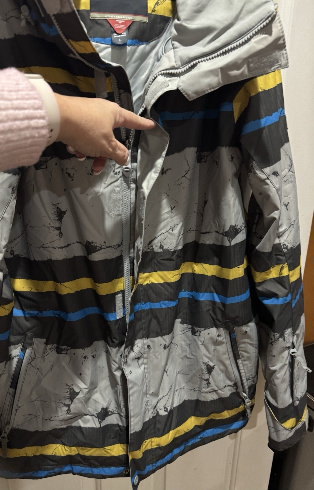 Quiksilver Jacket Mens Large Gray Striped Tech 10.000MM Hooded Snowboard Ski Y2K