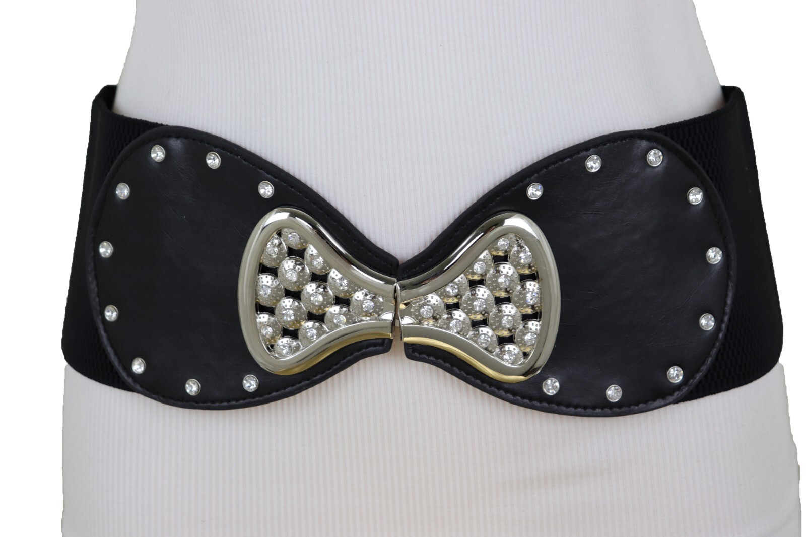 Women Wide Black Elastic Gift Present Belt Bling Bow Tie Ribbon Buckle Size S M