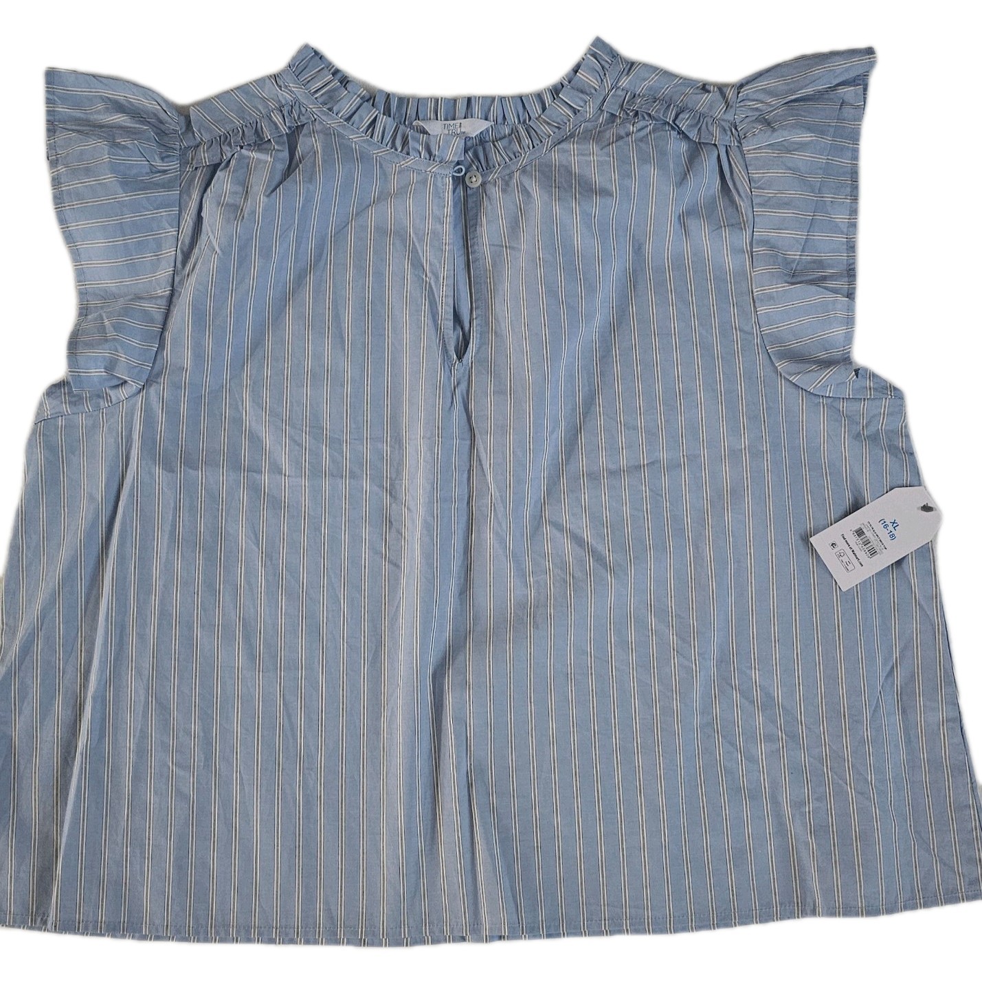 Time and Tru Women’s Striped Blouse Blue/White Ruffle Keyhole Neck XL