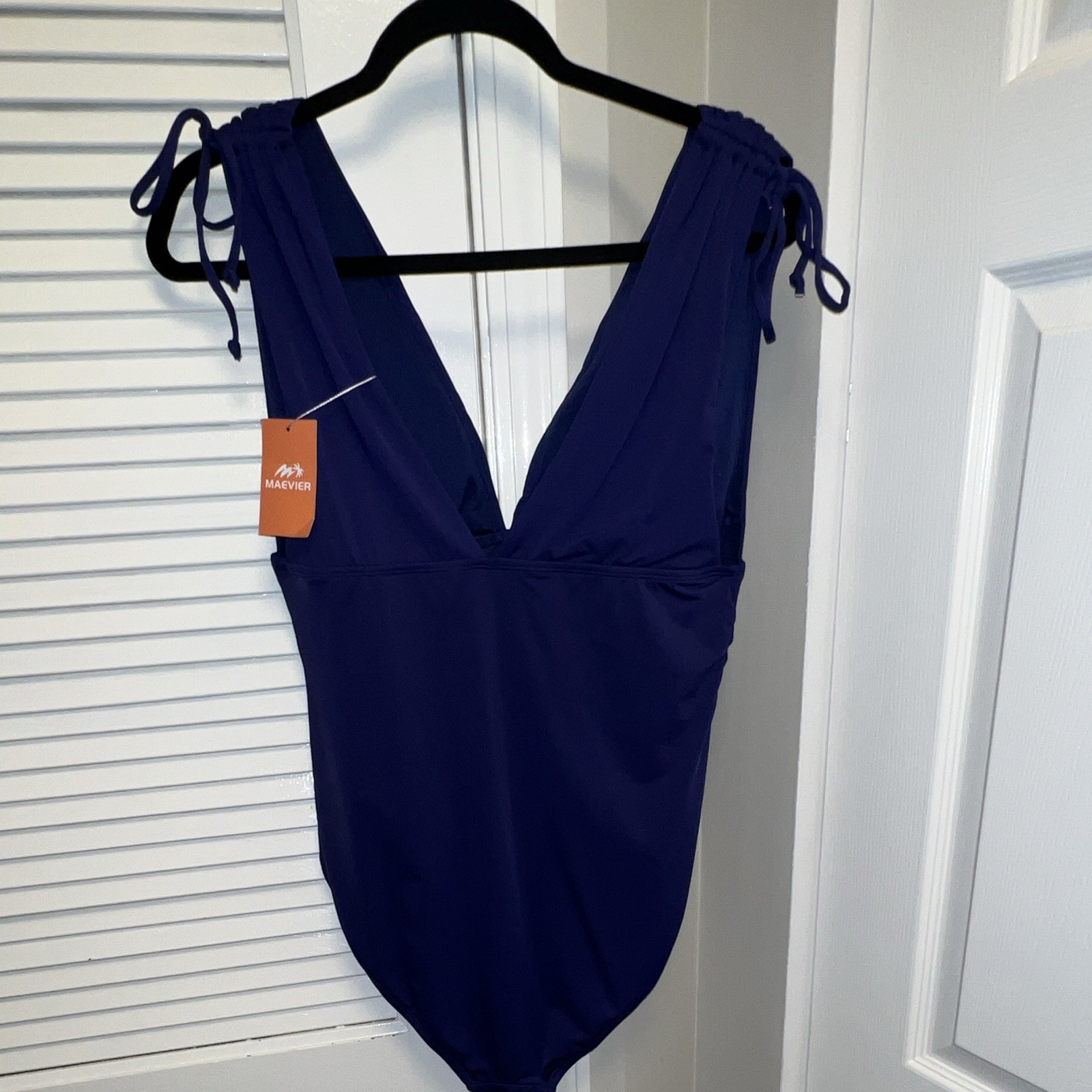 MAEVIER Blue Solid Ruched One-Piece Swimsuit Wide Tie Straps Women’s