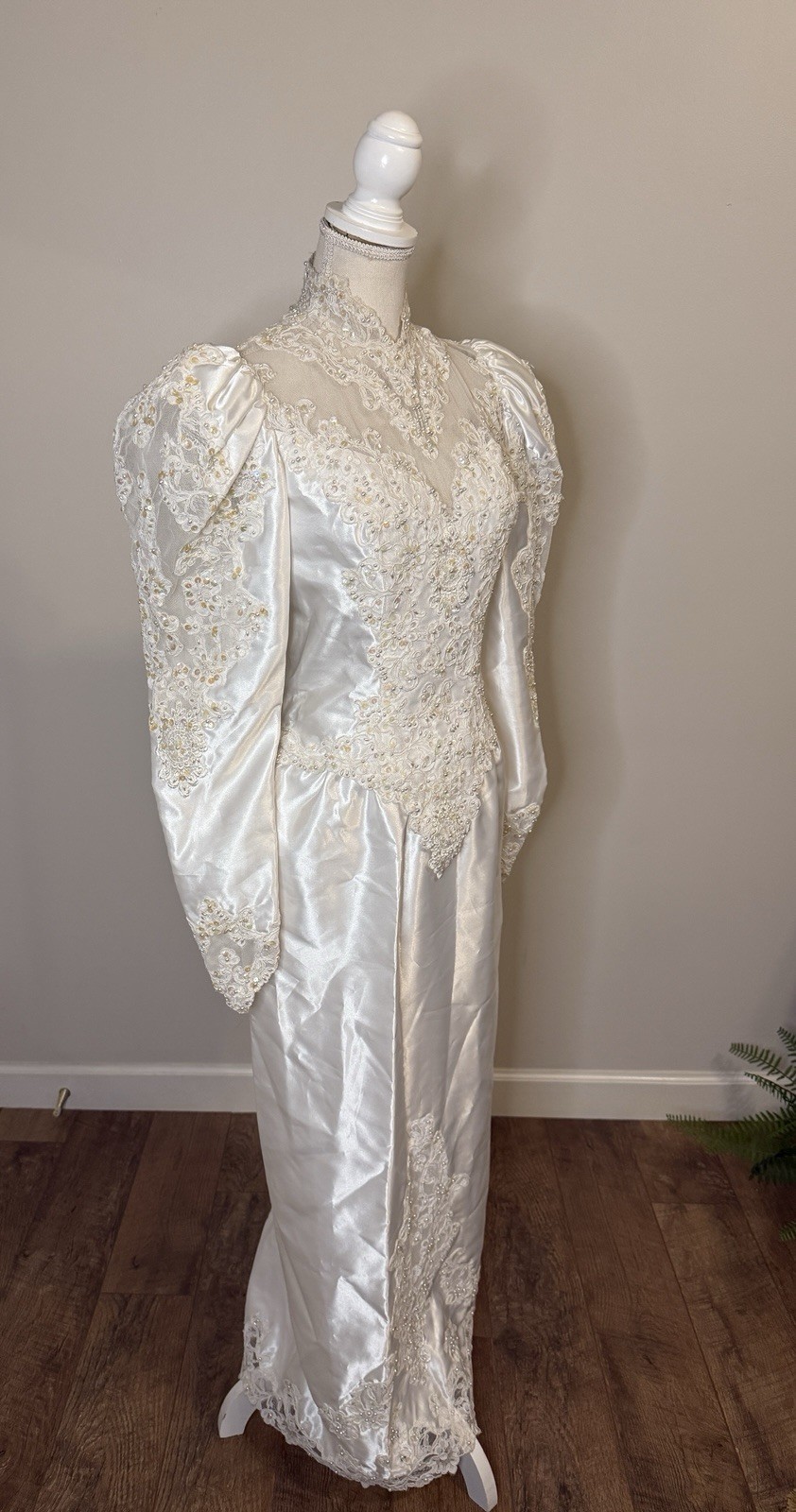 Vtg Mori Lee Satin Wedding Dress High Neck Puffed Sleeves Beading Lace Sz 8