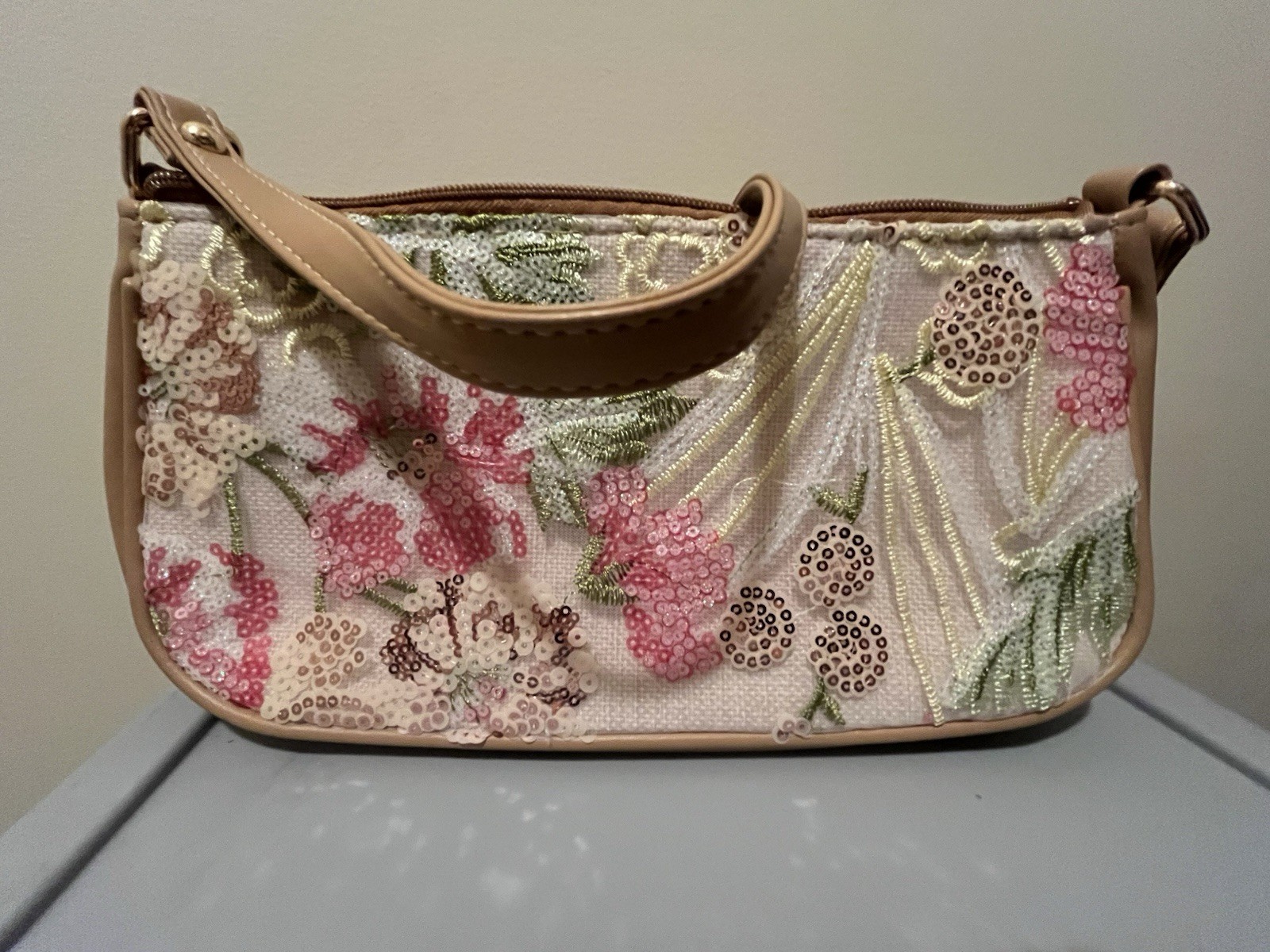 Beige Floral Beaded Sequin Embroidered Shoulder Bag Zip Lined Pockets