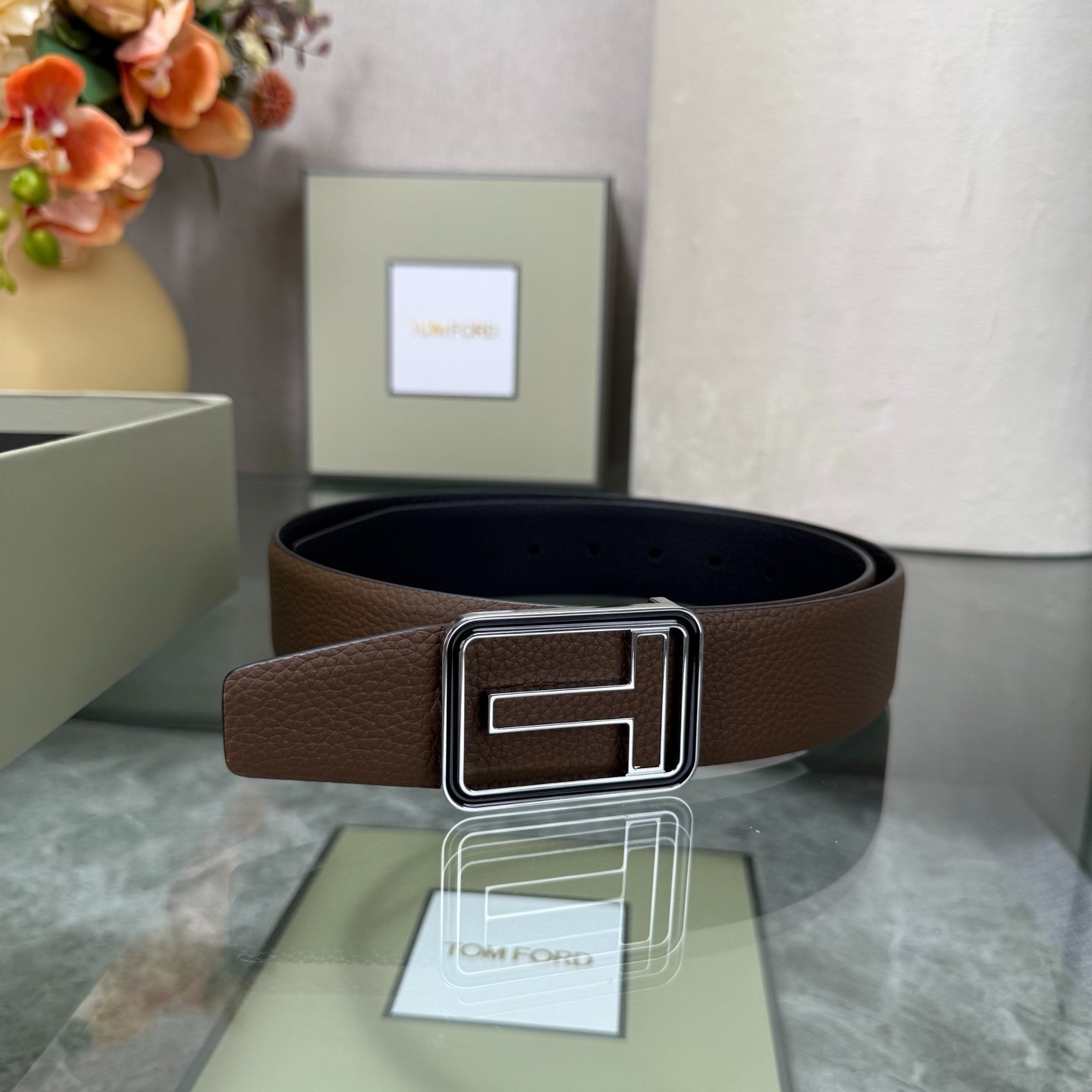 Authentic Tom Ford Reversible Leather T-Buckle Belt Luxury Designer Fashion