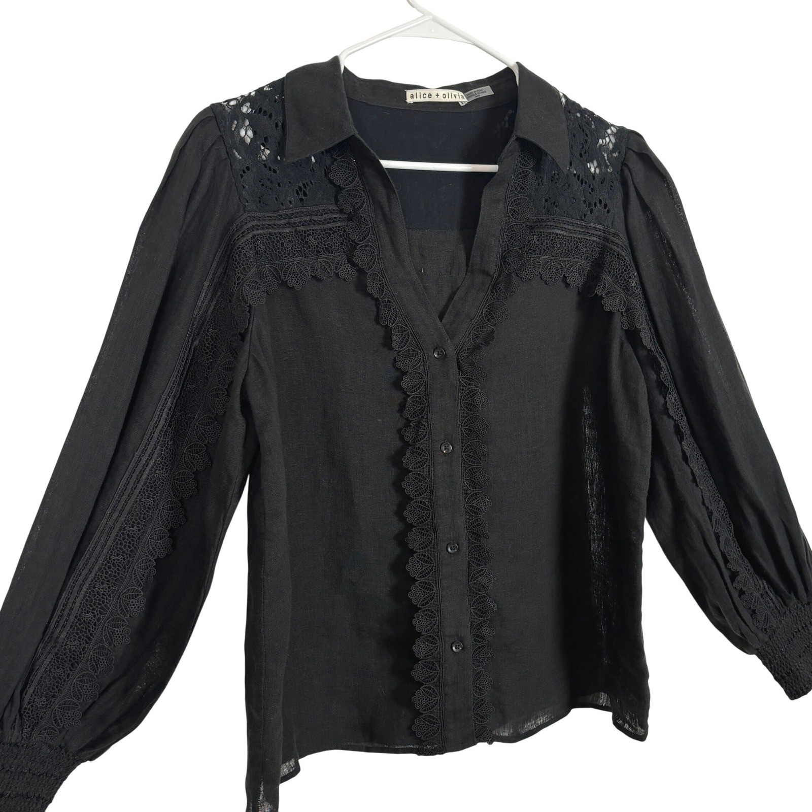 Alice + Olivia Venty Lace Detail Linen Button-Up Shirt MEDIUM Whinsigoth Goth