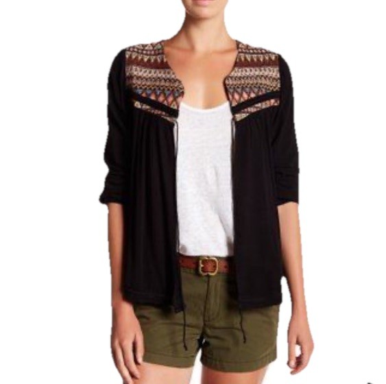 Melrose Womens Long Sleeve Embroidered Geometric Cardigan Top Black Size Large