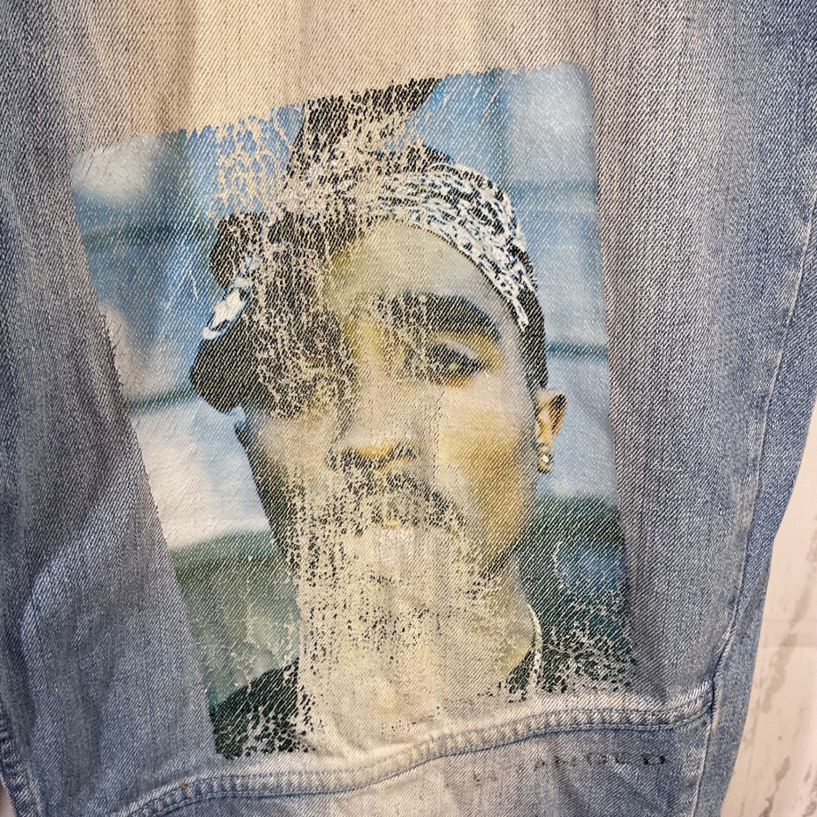 Tupac Makaveli Jeans 42×34 Baggy Denim Fade Graphic Hip Hop Y2K Grunge Rap 90s