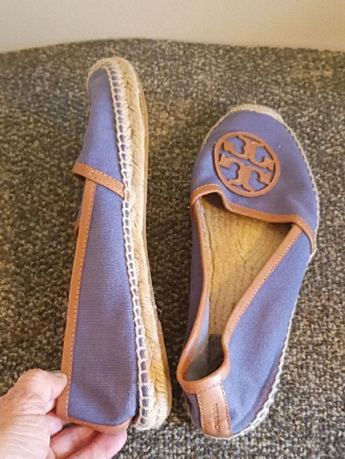 Tory Burch Lavender Canvas Espadrilles with Tan Leather Trim