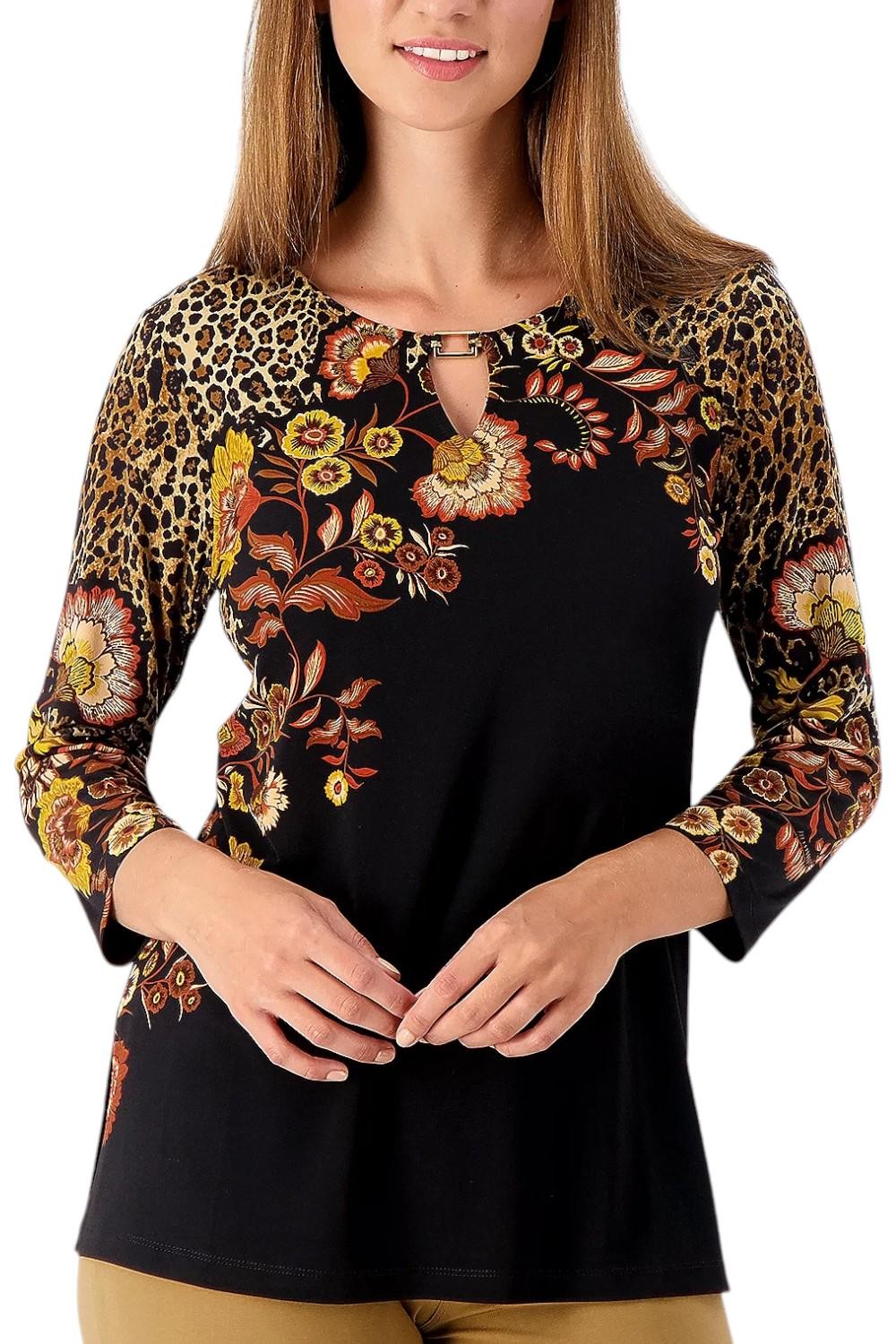 Susan Graver Women’s Printed Liquid Knit Top w Keyhole Trim Spice