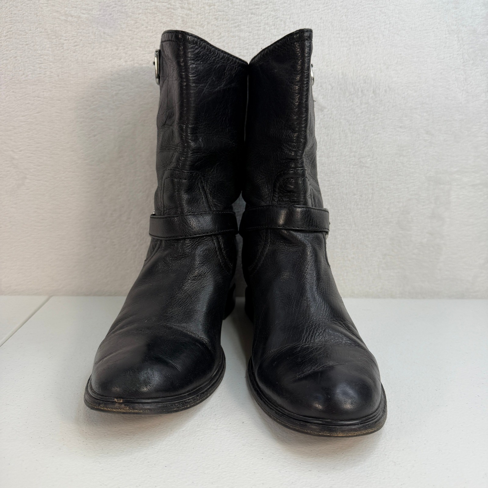 Prada 40.5 10.5 Boots Moto Engineer Hidden Wedge Buckle Leather Black Designer