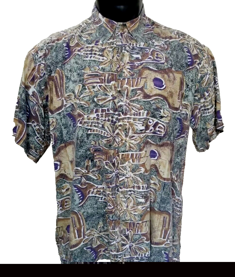 Kahala Hawaiian Islands Abstract Native Art S/S Button Up Rayon Men’s Shirt Sz M