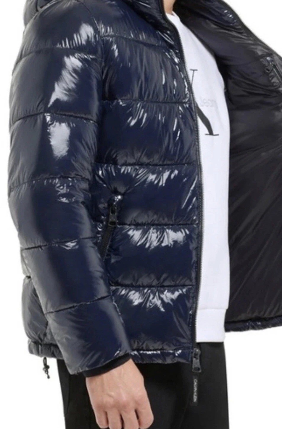 $225 NWT CALVIN KLEIN MENS SNAP FRONT PUFFER JACKET COAT NAVY SHINY LARGE