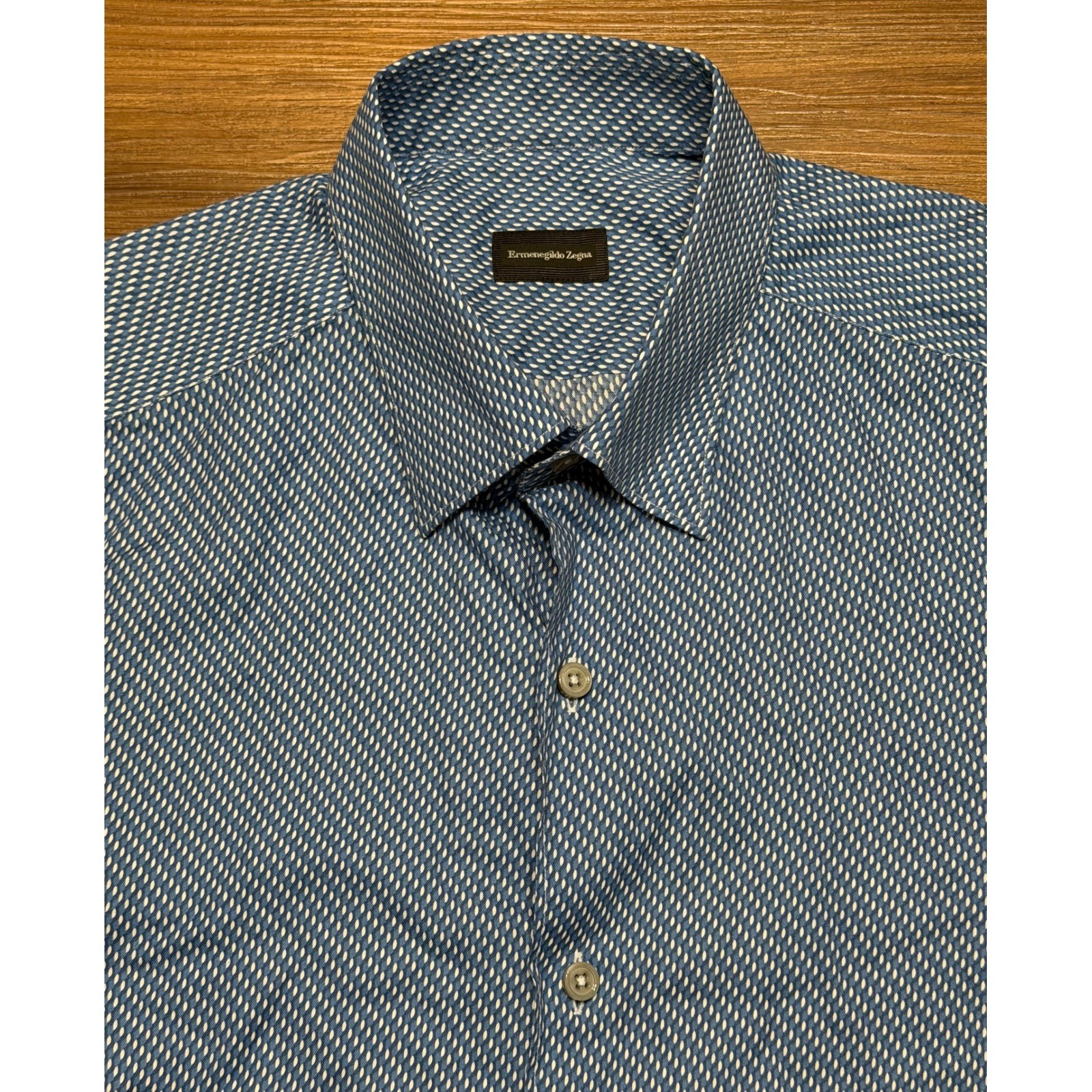 Ermenegildo Zegna Mens Blue White Geometric Print Button Down Shirt Sz L