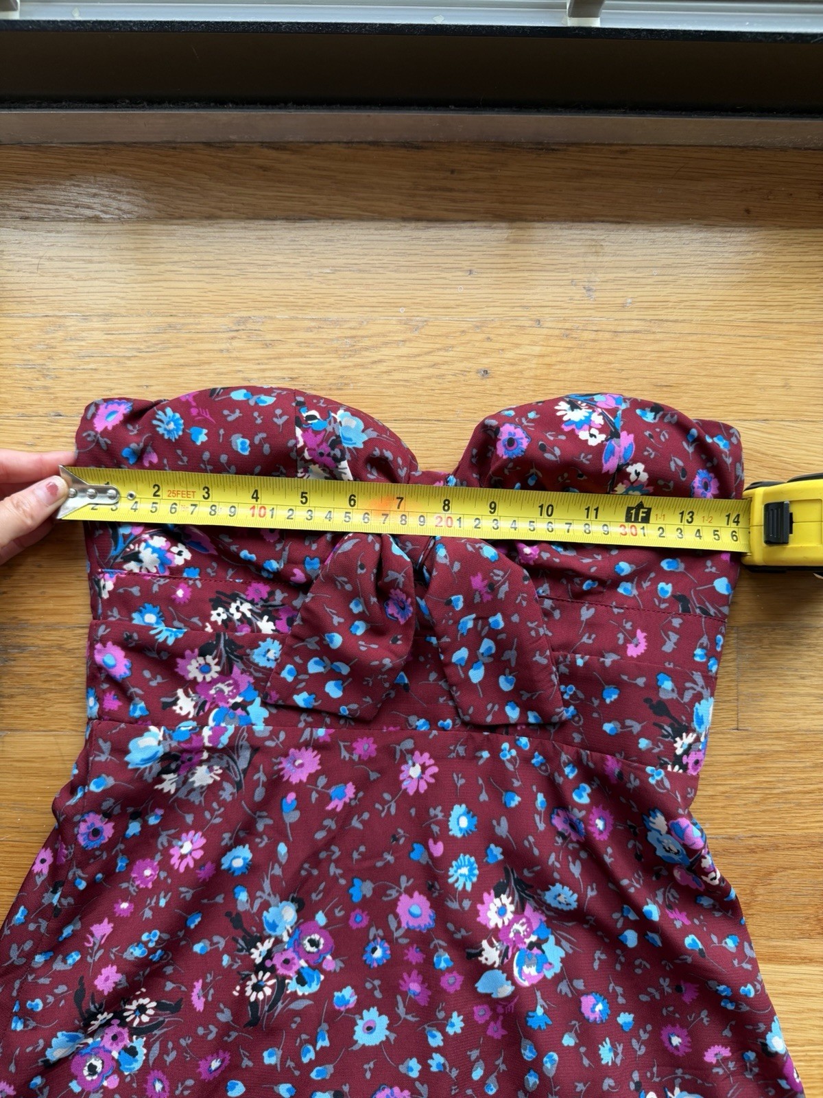 Lulus Burgundy Floral Strapless Bow Mini Dress – Size Small