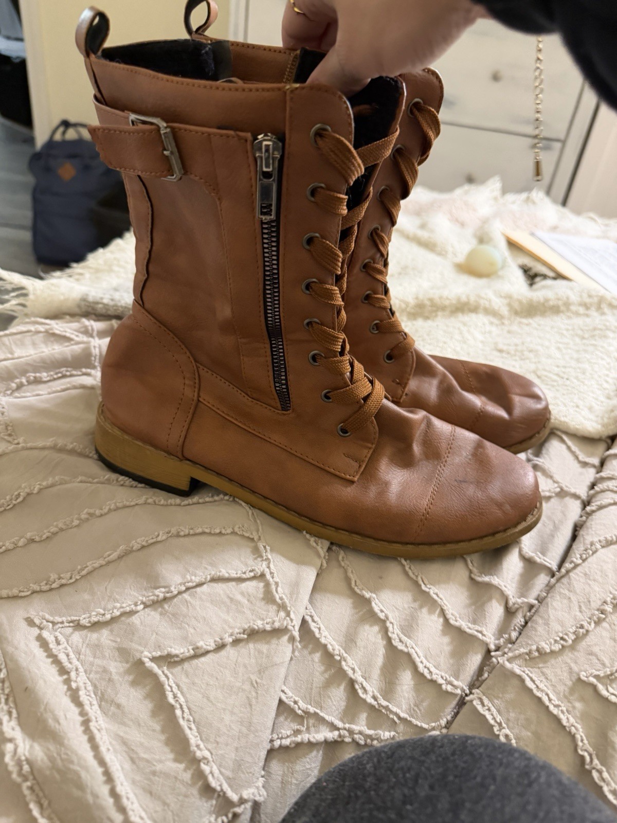 Women’s Brown Solid Mid-Calf Combat Boots Lace-Up Side Zipper Buckle Round Toe