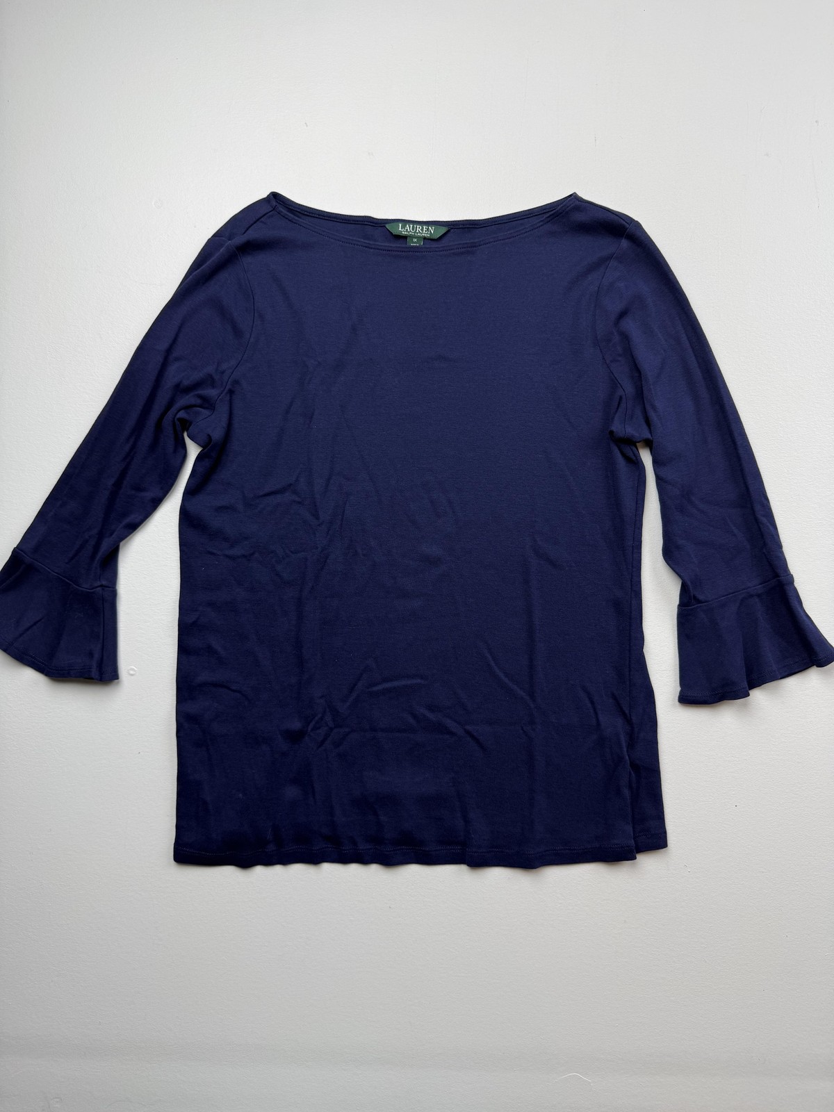 Lauren Ralph Lauren Blouse Womens 1X Blue Boat Neck 3/4 Bell Sleeve Jersey Top