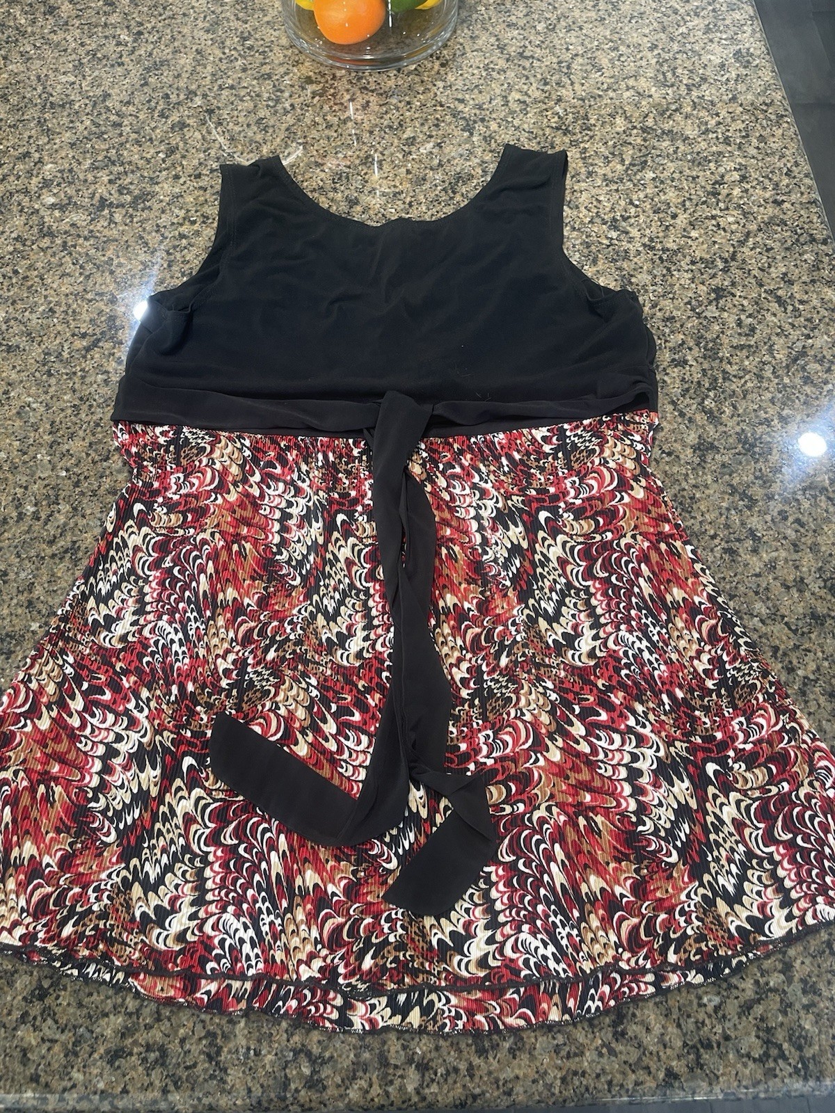 sleeveless black and multi-color printed swim dress or tankini top with tie
