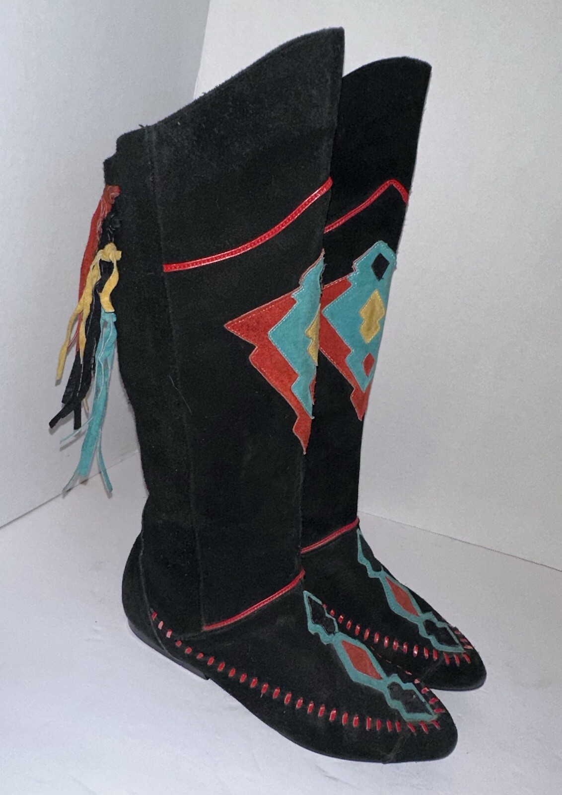 VTG Rush Hour Womens Black Western Boots 7.5 B Aztec Fringe Leather Suede