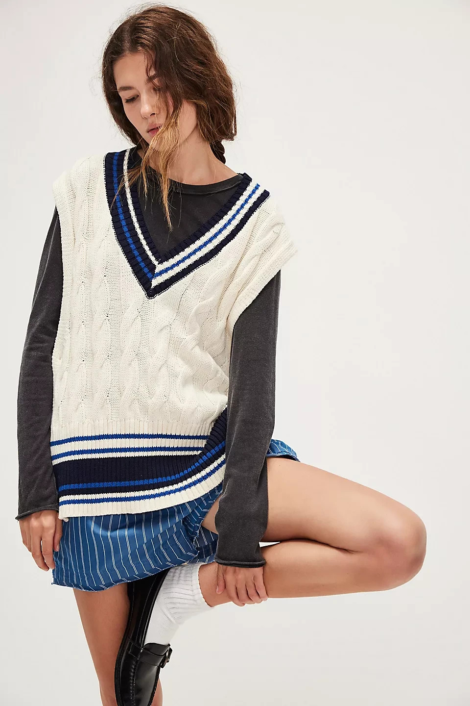 Free People Coastal Prep Poncho Vest Cable Knit One Size Cream Blue NEW