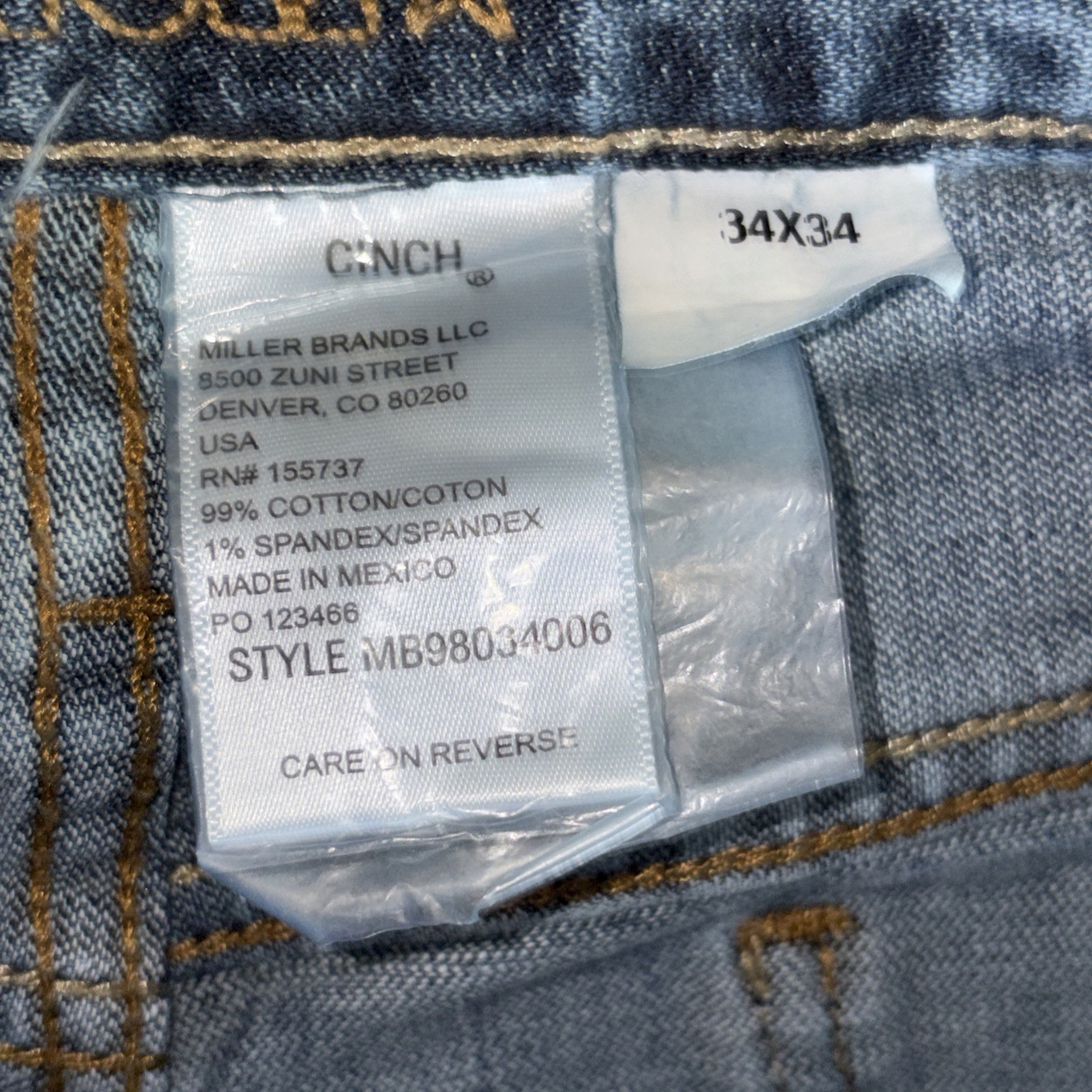 NEW Cinch Men’s Blue Denim Jeans 99% Cotton 1% Spandex Medium 34/34 NEW