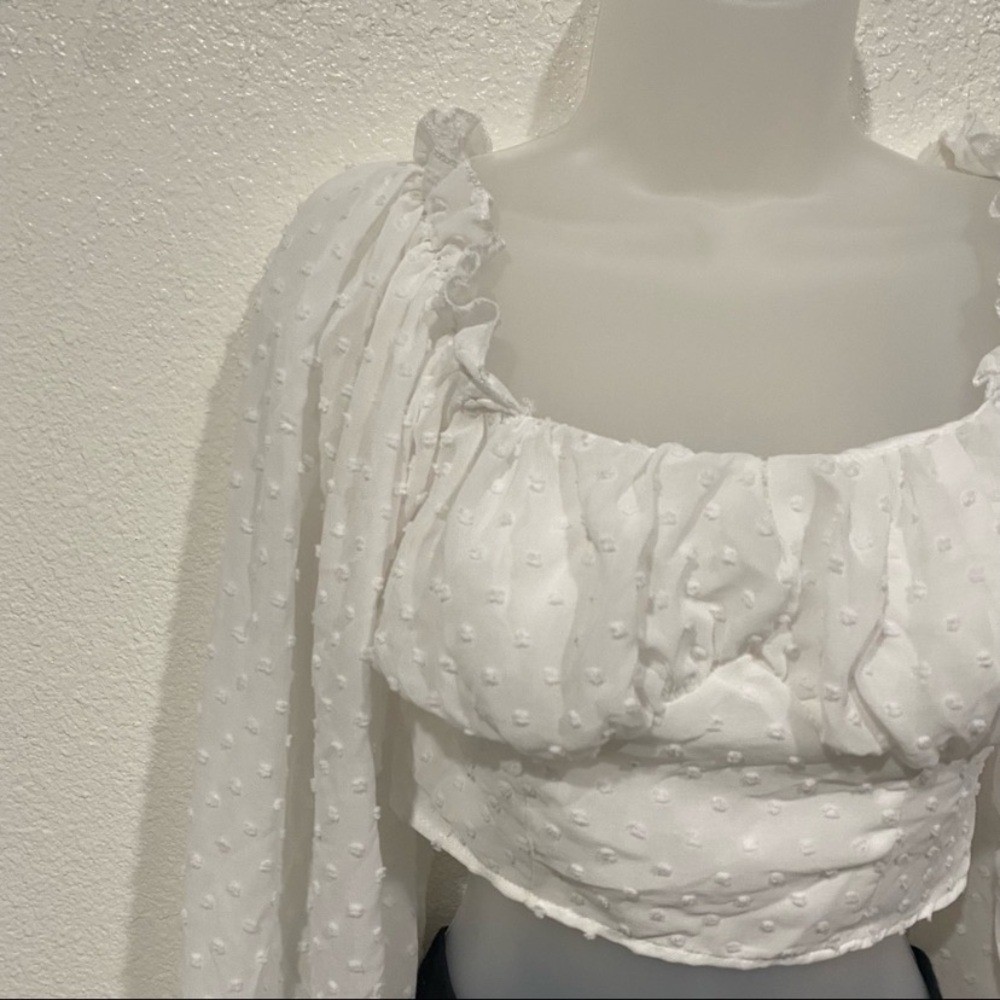 shein white polka dot cropped puff long sleeve blouse top shirt