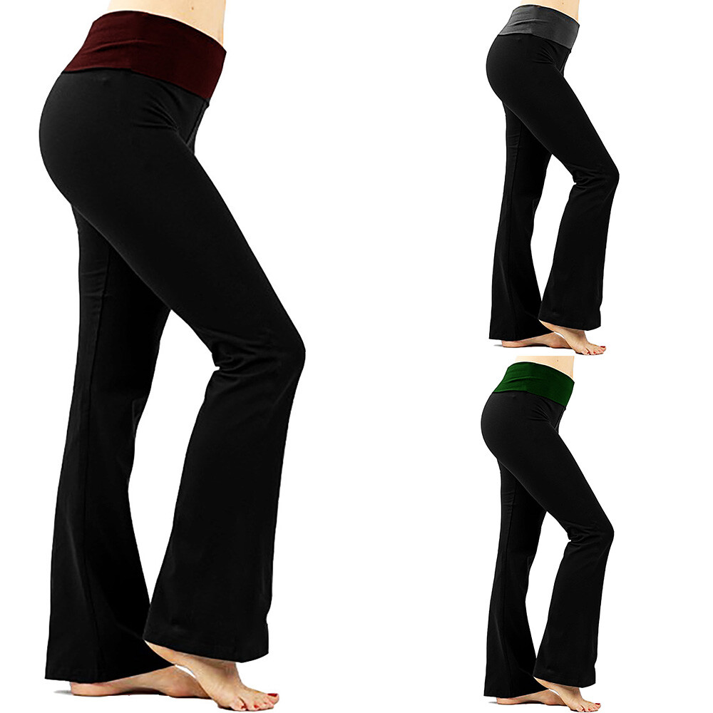 Women Two Tone Waistband Flare Yoga Pants Bootcut High Waist Foldover 30″ Inseam