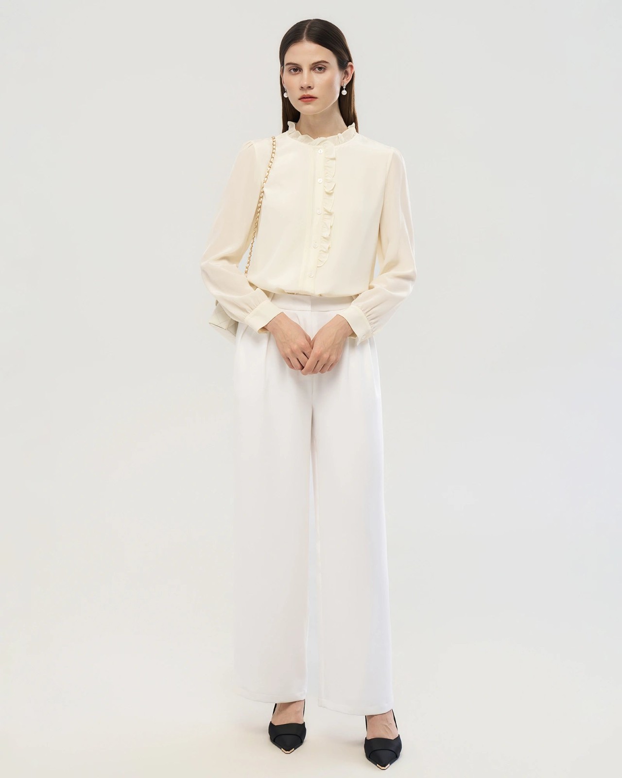 Long Sleeve Silk Blouse with Ruffle Trim