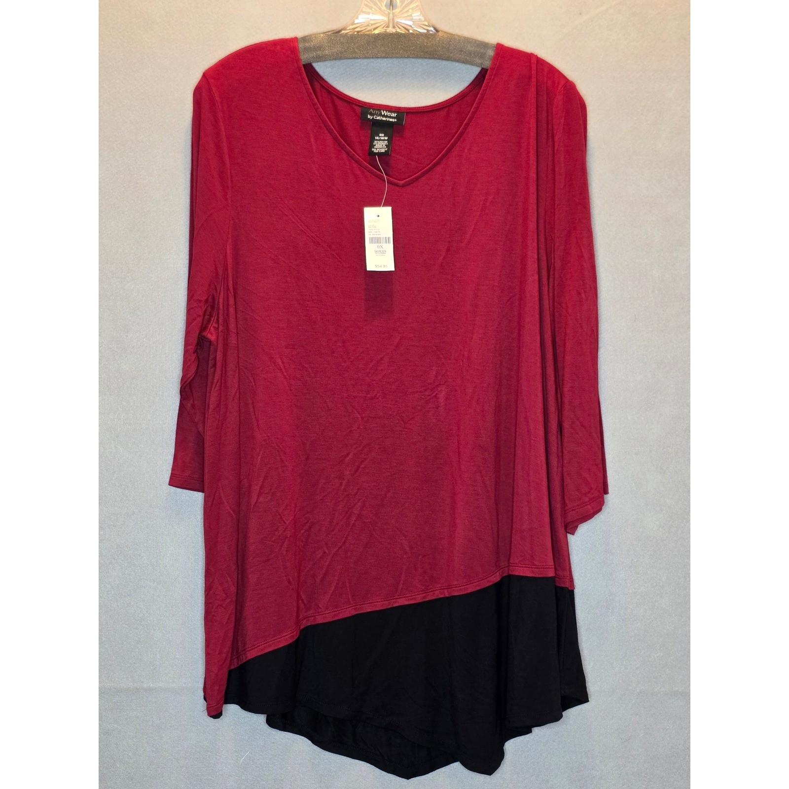 Catherines AnyWear 2-in-1 Tunic Top Berry Red Black Asymmetric 0X 14/16W New