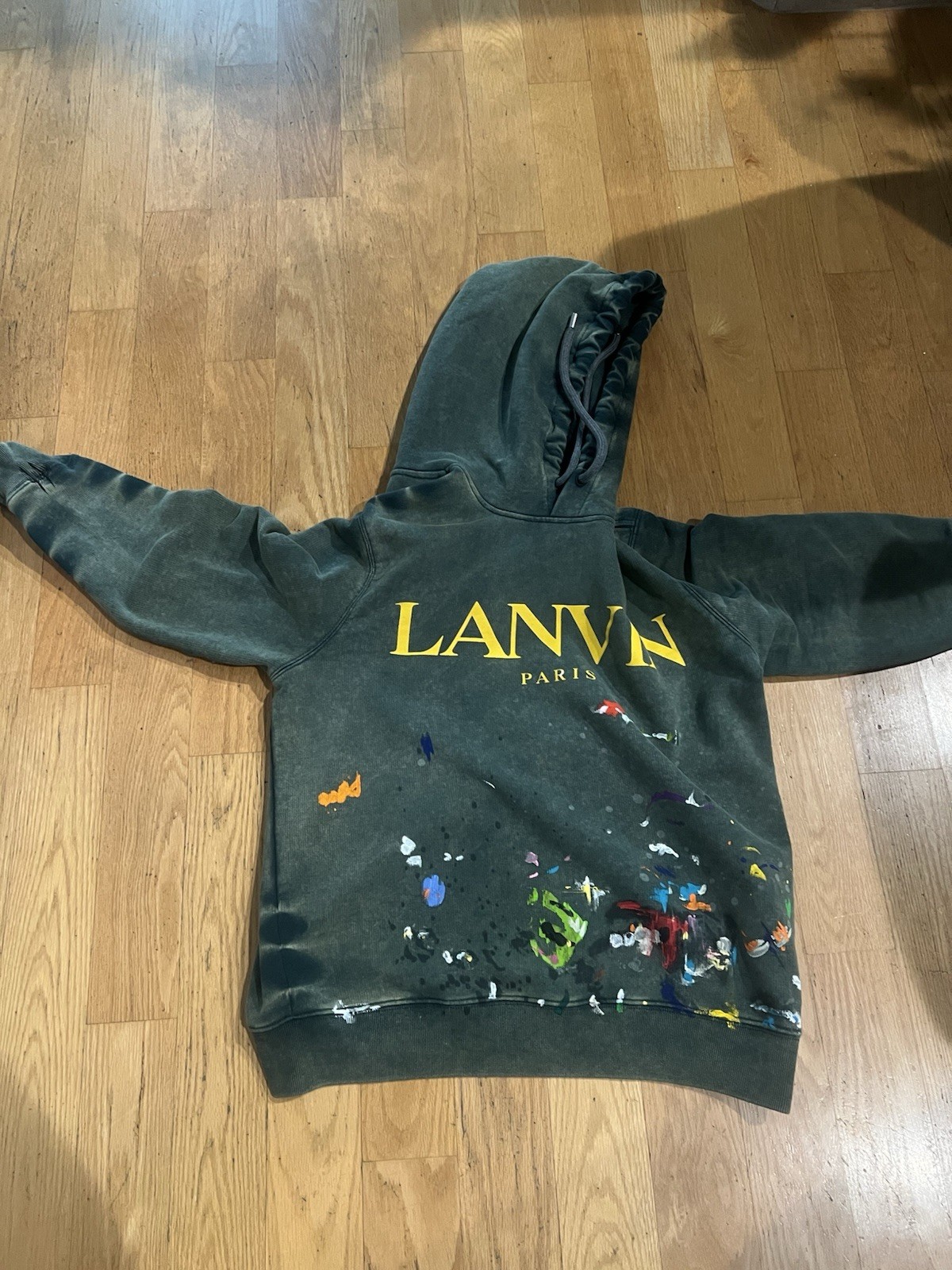 LANVIN x Gallery Dept. Paint Splatter Hoodie Green SS21 Worn Effect Pullover