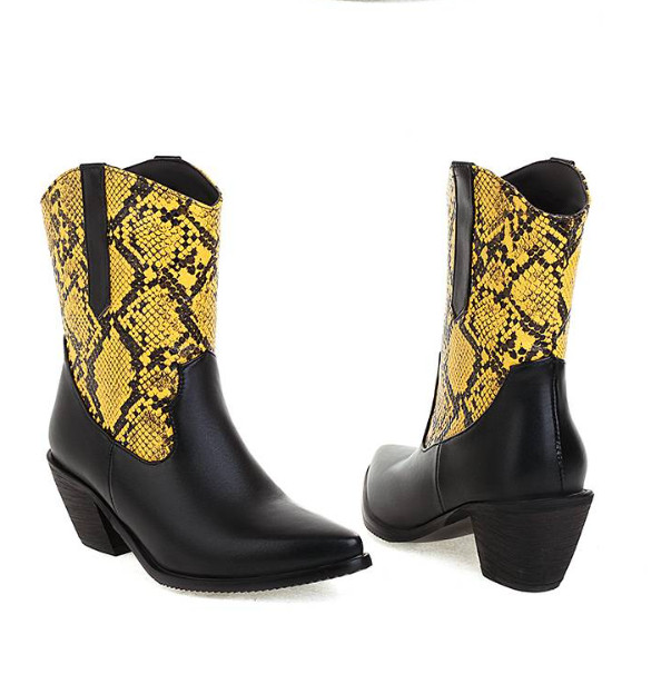 Western Women Pointy Toe Snakeskin Print Ankle Boots Block Heel Cowboy Oversize