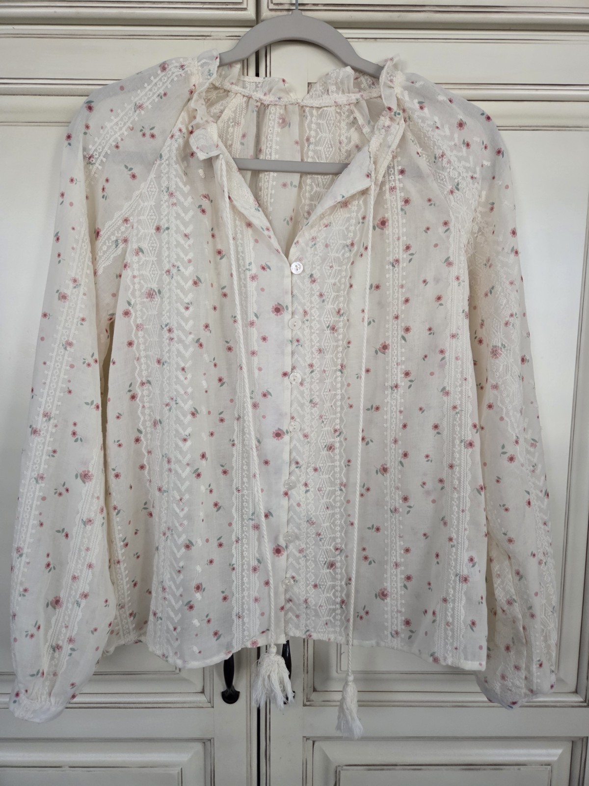 Peasant Button Up Embroidered Lace Top Women’s M Romantic Cottagecore Sheer