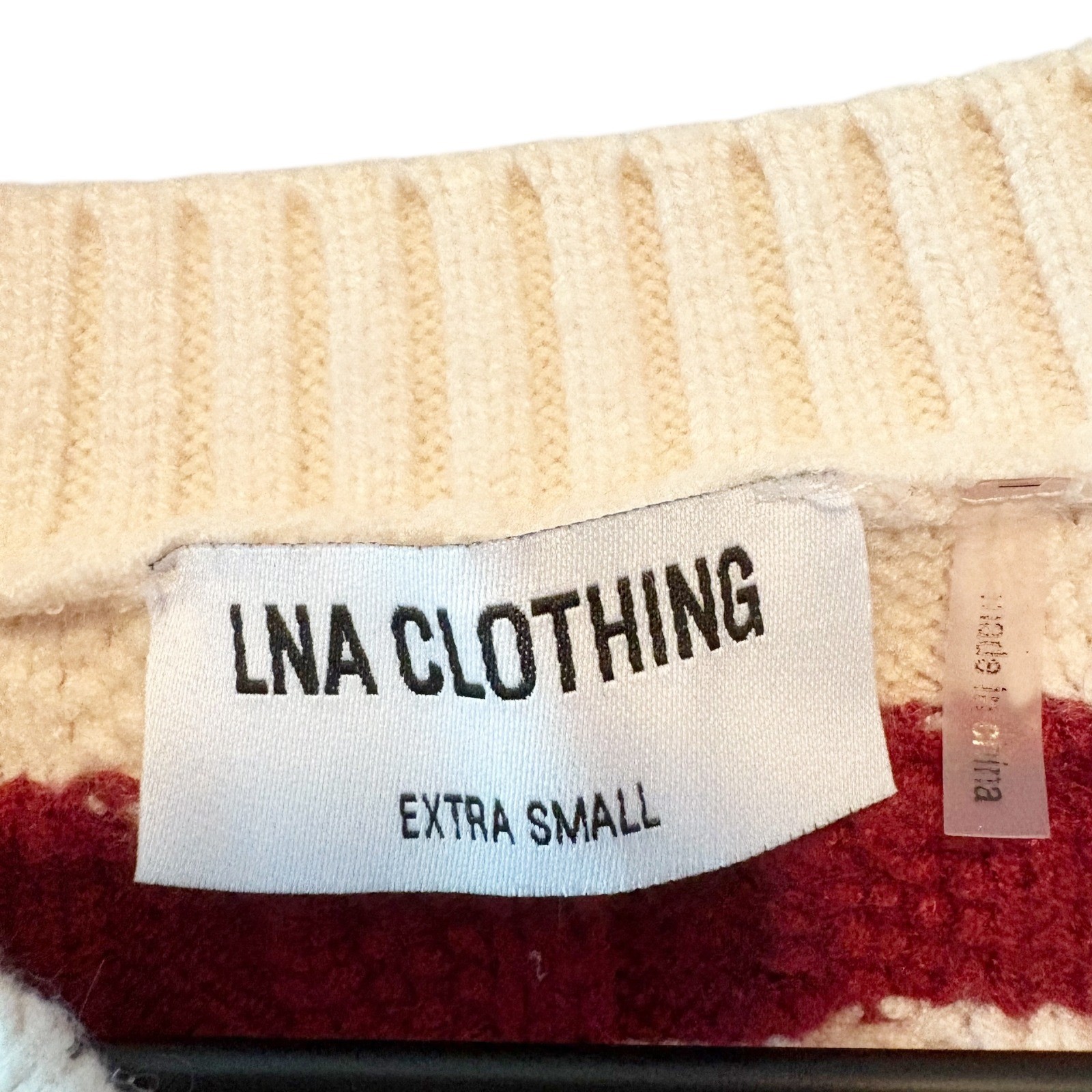 LNA Clothing Striped Cable Knit Cropped Sweater Burgundy Cream Extra Small