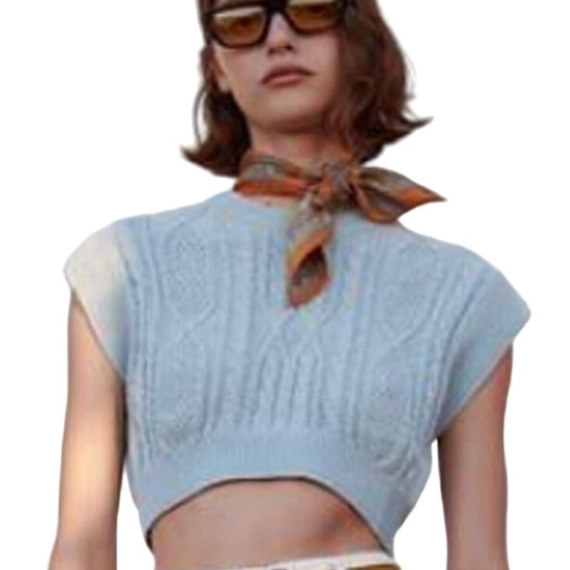 Zara S Womens Dusty Blue Cropped Cableknit Pull Over Vest Crewneck