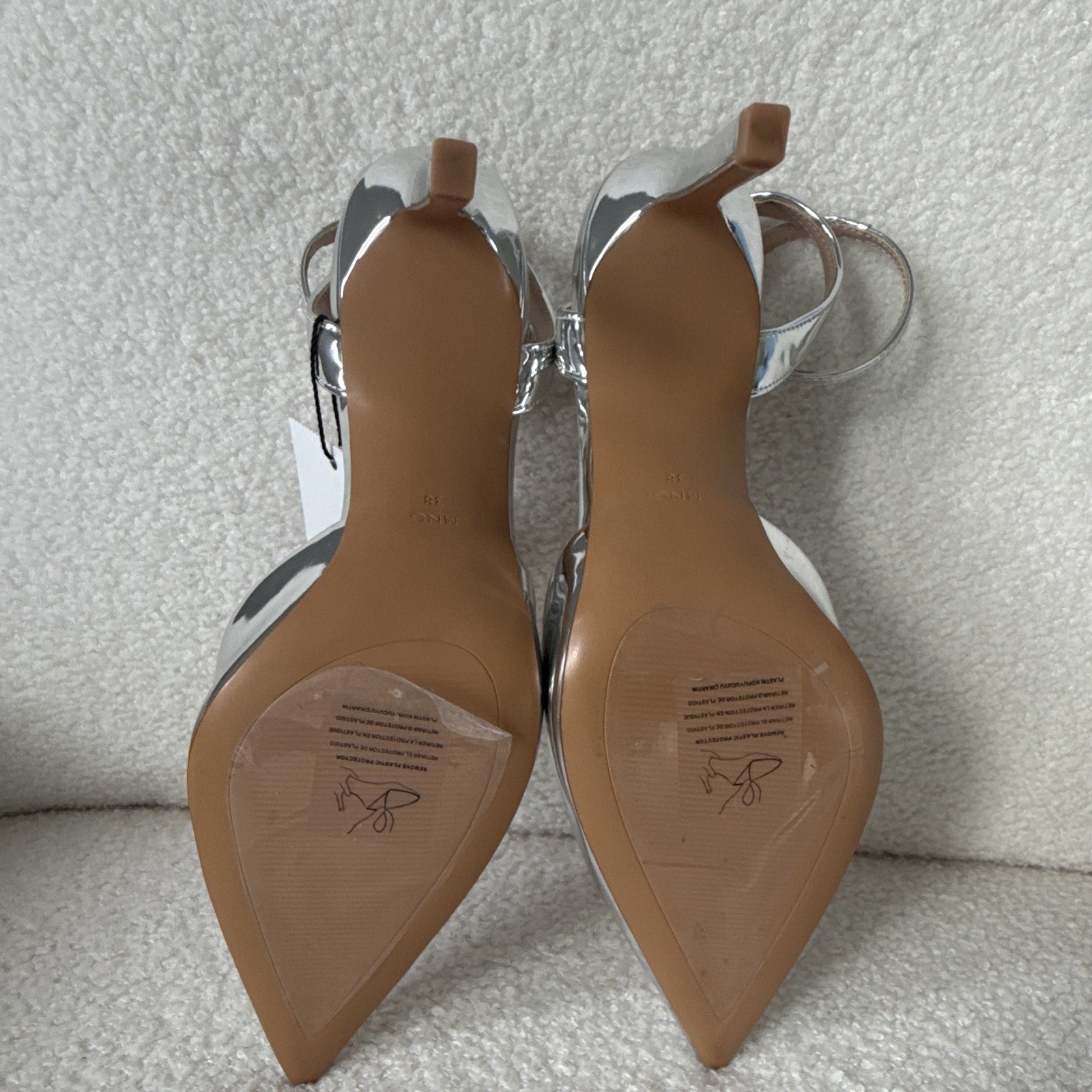 MNG Women’s Silver Pointed Toe Ankle Strap Stiletto Buckle Heels 8