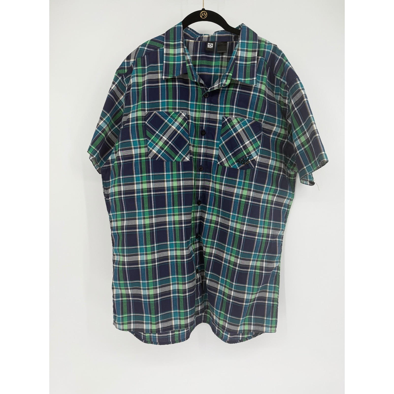 Rusty Mens XXL Short Sleeve Plaid Button Down Shirt Green Blue Surf J11104701