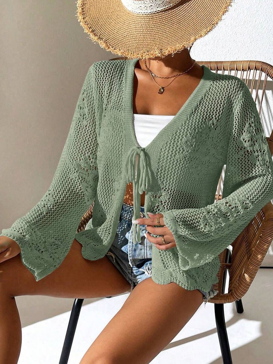 Women’s White Tie Front Cardigan Openwork Crochet Beach Cover Up Sweater