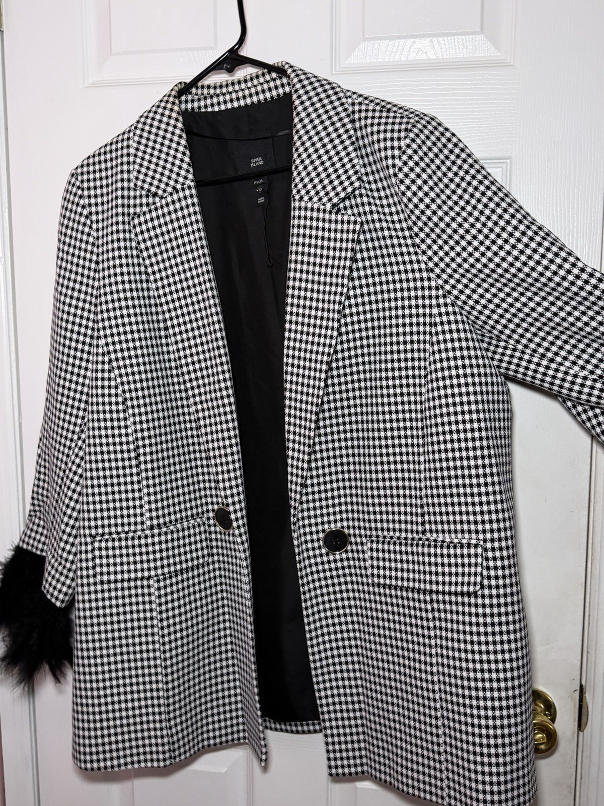 River Island Plus 22 Black/White Check Double Breasted Blazer