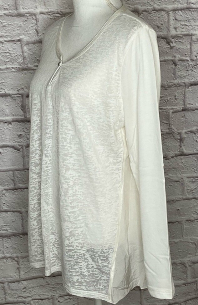 Soft Surroundings M Mixed Media Off White Top Rhinestone Button Silk